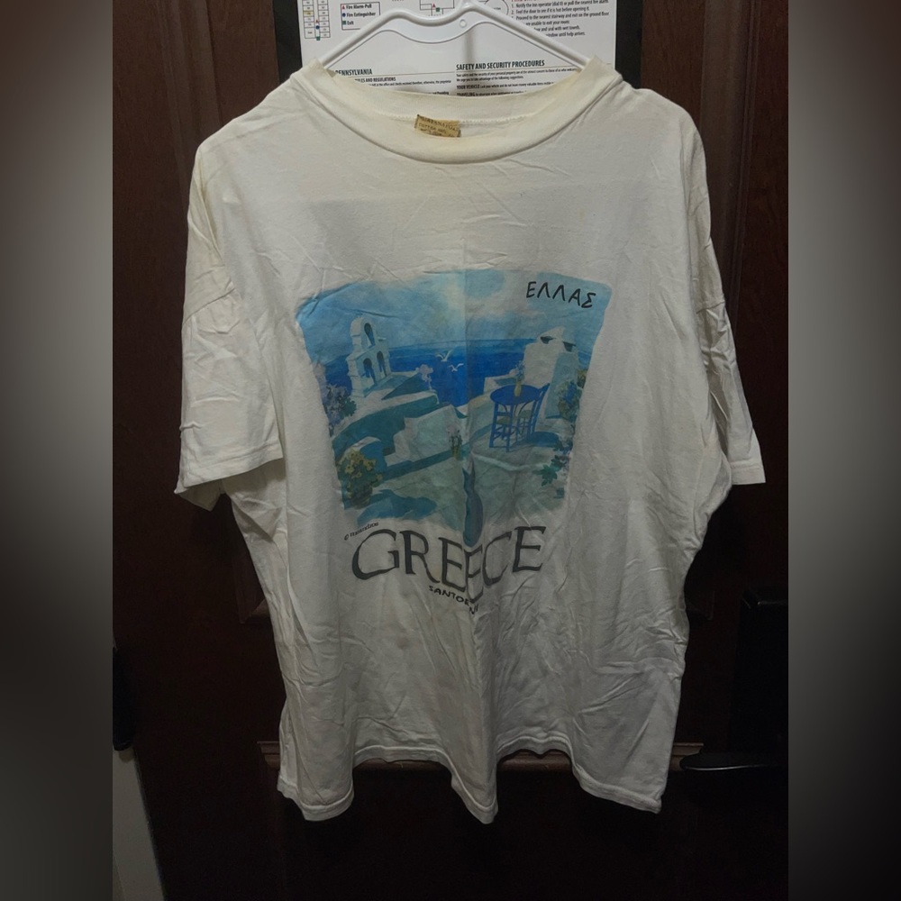 Vintage Single Thread Santorini, Greece Graphic Unisex White T-Shirt AS IS XL